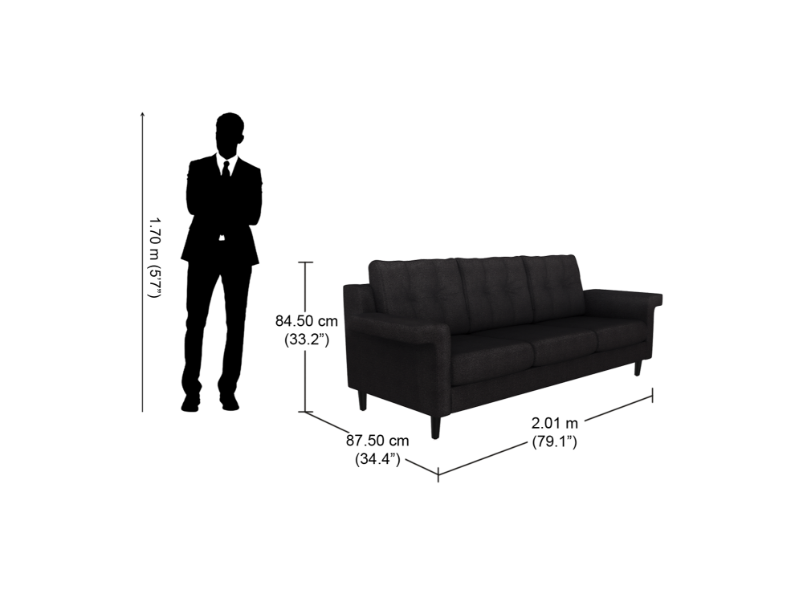 Flight 3 Seater Fabric Sofa In Dark, How Many Inches Is A 3 Seater Sofa